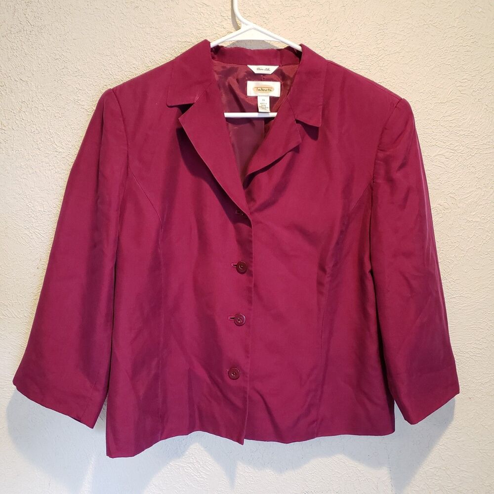 Vintage Talbots red pure silk Dress Suit Jacket Set Size 14 Career Business